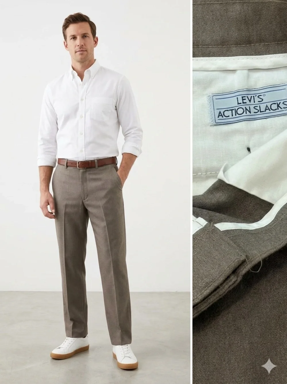 VTG Levis Action Slacks Mens 36x34 Flat Front Dress Pants Taupe Brown Poly